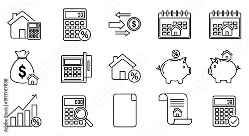 Collection of icons representing financial and real estate concepts such as mortgages, savings, and investments