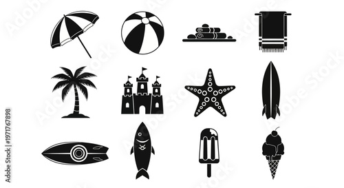 Monochrome collection of beach and summer vacation icons featuring essential elements for tropical holidays and leisure