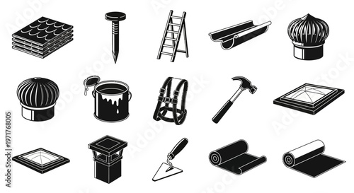 Comprehensive isometric collection of essential roofing construction tools and building materials for home improvement projects