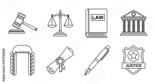 Essential Legal and Justice Icons Set Representing Courtroom Symbols and Professional Elements Vector Illustration