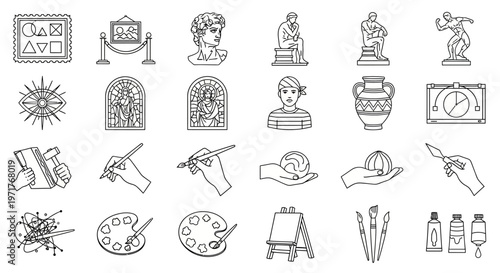 Art and Creativity Line Icon Set Illustrative Vector Graphics of Artistic Tools, Historical Sculptures, and Cultural Symbols
