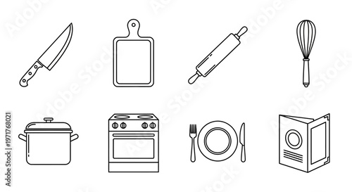 Collection of kitchen utensils and appliances illustration, perfect for culinary and food-related projects