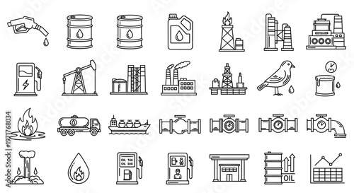 Collection of Industrial Icons Representing Oil and Gas Industry Resources and Equipment