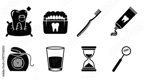 Dental Care and Oral Hygiene Icons Toothbrush, Floss, Toothpaste, and More