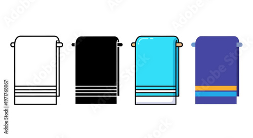Vector Illustration Set of Hanging Towels in Outline, Solid, and Flat Design Styles for Bathroom and Hygiene Concepts