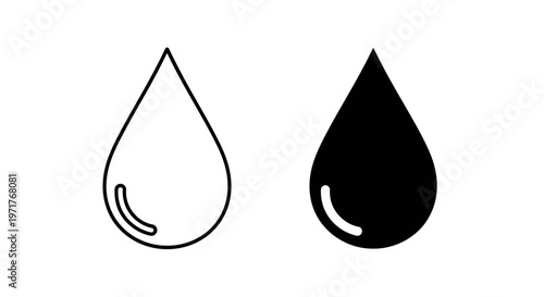 Minimalist water drop outline and solid fill icons representing liquid, purity, and essential hydration design elements