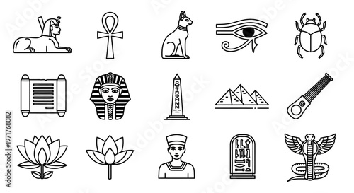 Collection of Ancient Egyptian Symbols and Icons Featuring Hieroglyphs, Pharaohs, and Pyramids for Cultural Exploration