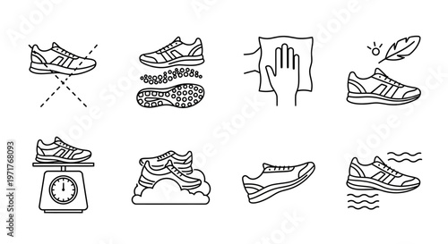 Running Shoes Features and Care Outline Icons Set Lightweight, Comfort, Cleaning, and Design Characteristics