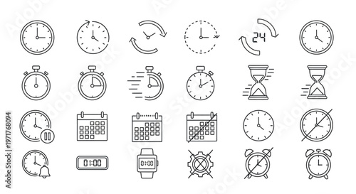 Comprehensive set of time and calendar line icons for scheduling, productivity, and planning interfaces