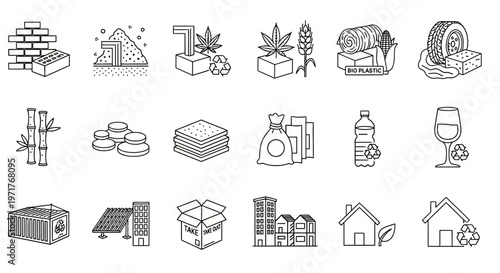 Collection of icons representing sustainable materials, renewable energy, and eco-friendly construction methods