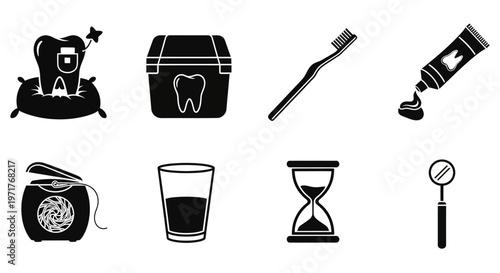 Dental hygiene and oral care icons including toothbrush, toothpaste, floss, glass, mirror, hourglass, and tooth characters