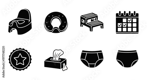 Potty Training Essentials and Daily Child Care Routine Icons Set for Baby Development