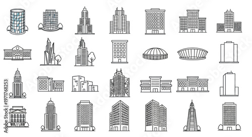 Collection of various types of modern buildings and architectural structures with clean lines and minimalist design, ideal for graphic design and architectural illustrations