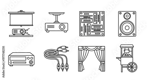 Collection of Line Icons for Home Cinema Equipment and Entertainment Systems Setup