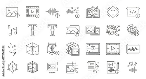 Versatile Digital Media and Creative Content Production Line Icons Set – Including Image, Video, Audio, and Text Editing Tools