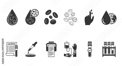 Medical icons depicting blood cells, research, and healthcare procedures