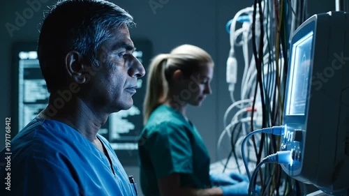 Medical staff using hospital equipment.