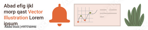 Notifications, analytics, growth, organization, data tracking, communication. Image shows an orange bell, a data graph and a plant icon. Notifications and analytics concept