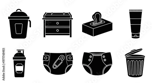 Comprehensive Set of Essential Baby Care and Nursery Items Silhouette Icons for Infant Hygiene and Daily Parenting Needs
