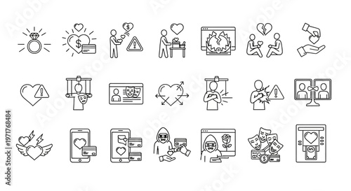 Illustrative Vector Icons Depicting Online Scams, Romance Fraud, Digital Deception, and Cybercrime Warnings