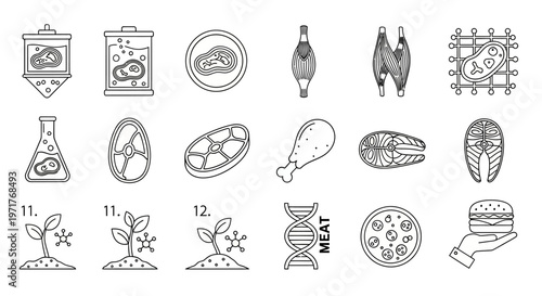Diverse Line Icons Illustrating Modern Food Production, Sustainable Agriculture, and Scientific Innovations