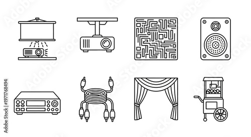 Collection of entertainment and technology icons for home theater and media presentation