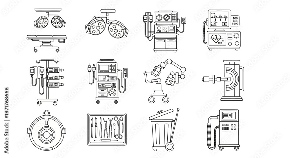 Fototapeta premium Collection of Medical Equipment Icons, Including Surgical Instruments, Diagnostic Tools, and Hospital Furniture for Healthcare Services