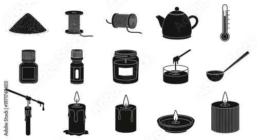 Collection of objects related to crafts and candle making including wax, wick, spools, essential oils, and candles