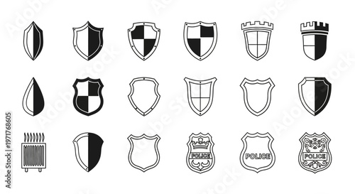A Comprehensive Collection of Diverse Shield Icons Representing Security, Protection, and Authority in Various Designs