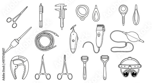 Collection of medical surgical tools and instruments on a white background, designed for healthcare professionals