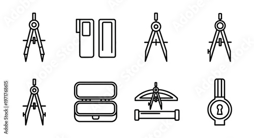 Set of engineering and architectural tools, including compasses and levels, presented in a clean iconographic style on a white background
