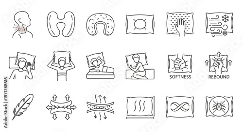 Collection of Icons Representing Sleep, Comfort, and Health Benefits of Pillows