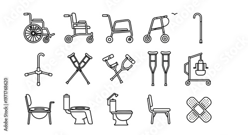 Collection of outline vector icons medical assistance, mobility aids, and assistive devices for healthcare and personal support