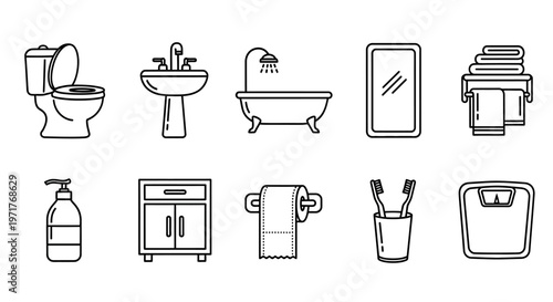 Set of bathroom icons including toilet, sink, bathtub, mirror, towels, soap dispenser, cabinet, toilet paper, toothbrush holder, and scale