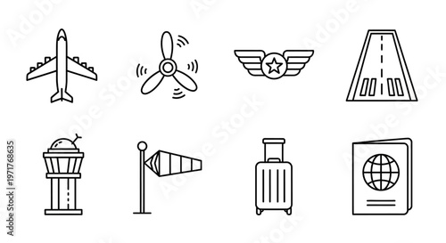 Set of airplane and airport icons representing aviation and travel essentials for flight information and transport services