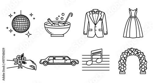 Wedding Icons Set Disco Ball, Punch Bowl, Tuxedo, Gown, Limousine, Music Notes, Archway, and Boutonniere