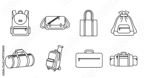 Collection of various luggage and bags for travel and everyday use, presented in a clean line art style