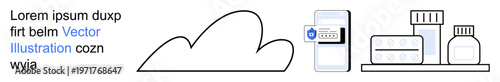 Online security, cloud storage, technology, health care, pharmaceuticals, data protection. A cloud with a secured phone and medical products on a shelf. Online security and cloud storage concept