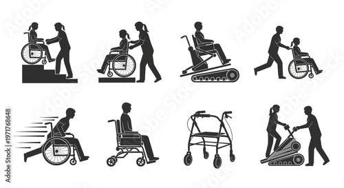 Diverse vector icons showcasing disability mobility, wheelchair users, accessibility solutions, and caregiver assistance on a white background