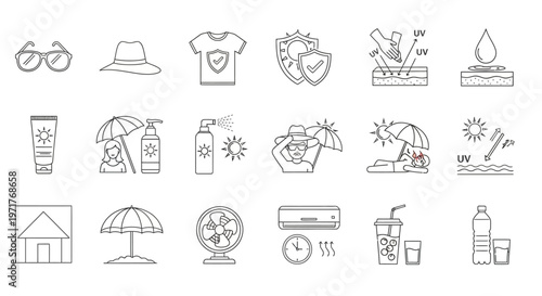 Comprehensive Icons for Sun Protection, Heat Safety, and Summer Essentials Stay Safe and Cool During Warm Weather Activities
