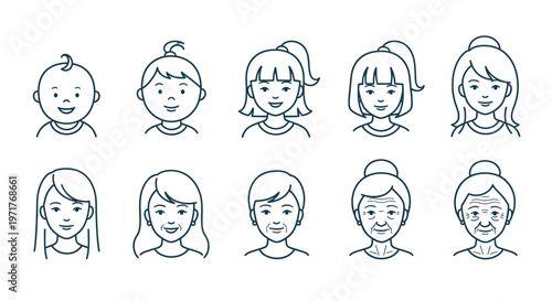 Set of line art icons representing the stages of human life from infancy to old age, depicting diverse ages and hairstyles