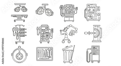 Collection of Medical Equipment Icons, Including Surgical Instruments, Diagnostic Tools, and Hospital Furniture for Healthcare Services