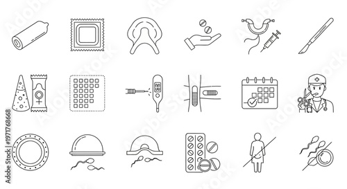 Comprehensive Reproductive Health and Contraception Line Icons Set for Family Planning, Fertility Treatment, and Sexual Wellness Education