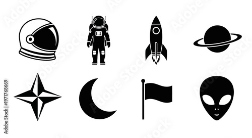 Diverse Set of Galactic Space Exploration, Alien, and Celestial Body Vector Icons