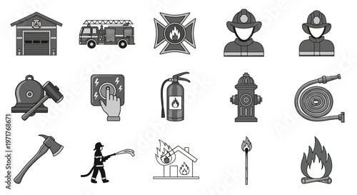 Collection of Firefighter and Fire Safety Icons Featuring Equipment and Professionals in Action