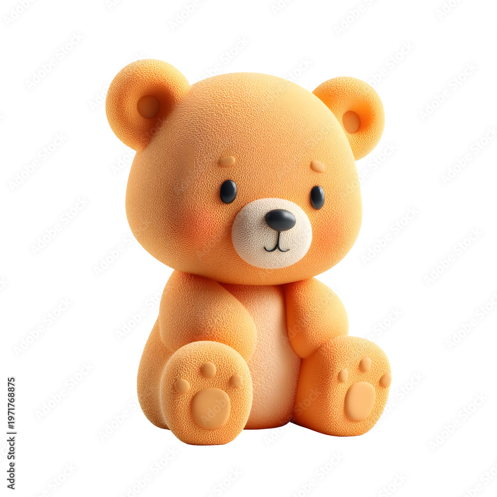 Obraz premium A cute orange teddy bear cub made in a 3D plasticine style sitting and isolated on a white background