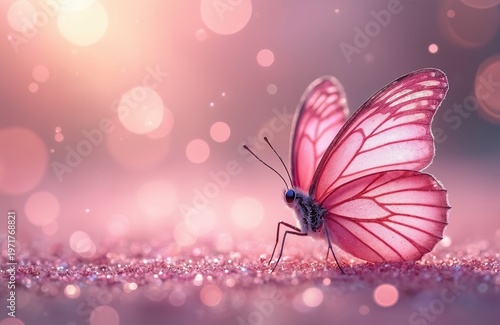 Delicate pink butterfly with glitter sits on sparkling surface. Soft bokeh background creates dreamy effect. Ideal for gentle, feminine, or celebration themes.