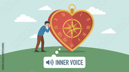 Concept of inner voice with a person listening to a giant heart-shaped clock or compass