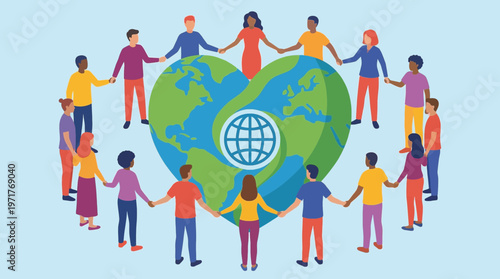 Group of diverse people holding hands around a large green heart and globe