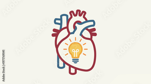 Abstract vector of a lightbulb glowing inside a human heart symbolizing enlightenment
